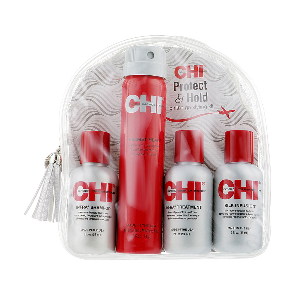 Набір для волосся CHI Protect &amp; Hold Travel Kit (шампунь, 59 мл + кондиціонер, 59 мл + відновлювальний комплекс, 59 мл + лак, 74 г)